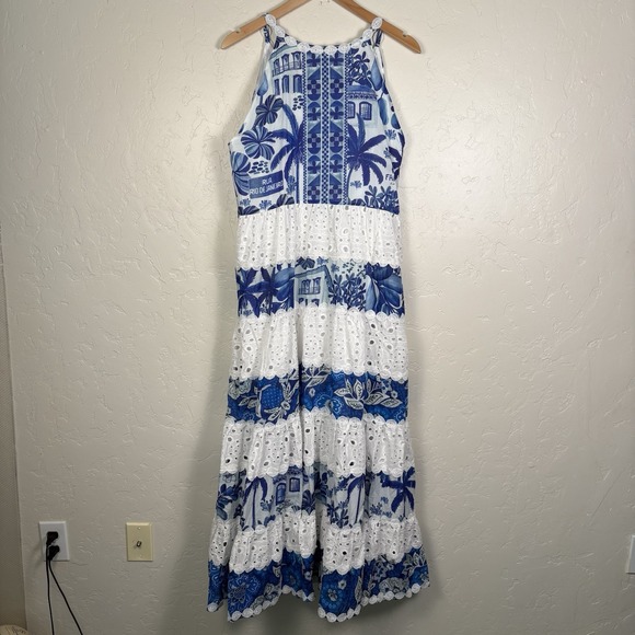 FARM RIO Tropical Eyelet Dress Women's Size XL Blue Maxi Dress Bohemian Vacation - Picture 2 of 9